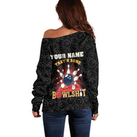 Flaming Bowling Ball Off Shoulder Sweater with Strike Explosion and Funny Quote Graphic on Bowling - Wonder Print Shop