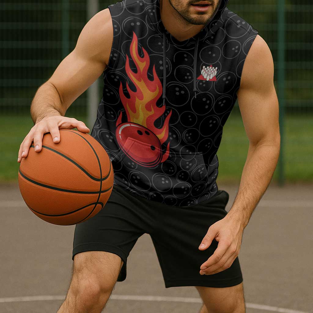 Flaming Bowling Ball Sleeveless Hoodie with Strike Explosion and Funny Quote Graphic on Bowling - Wonder Print Shop