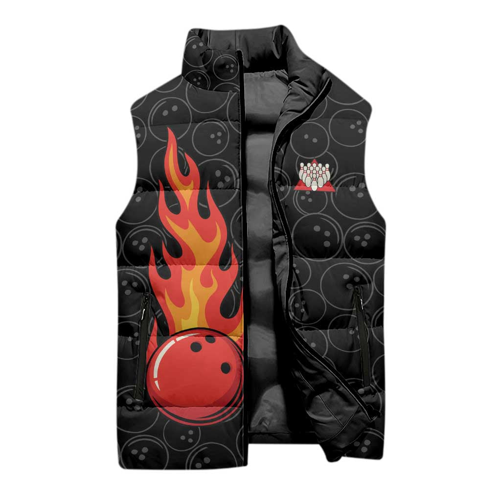 Flaming Bowling Ball Sleeveless Puffer Jacket with Strike Explosion and Funny Quote Graphic on Bowling - Wonder Print Shop
