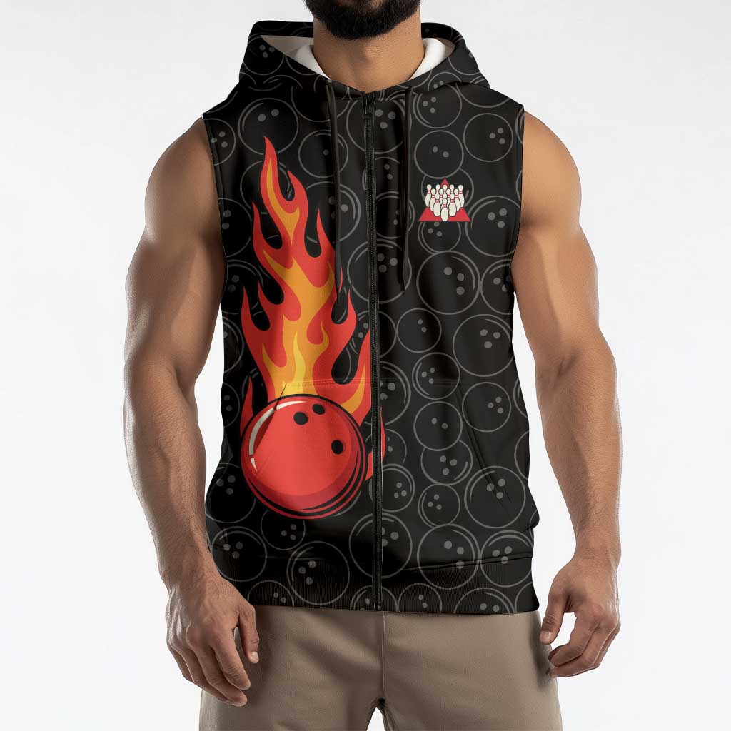 Flaming Bowling Ball Sleeveless Zip Hoodie with Strike Explosion and Funny Quote Graphic on Bowling - Wonder Print Shop