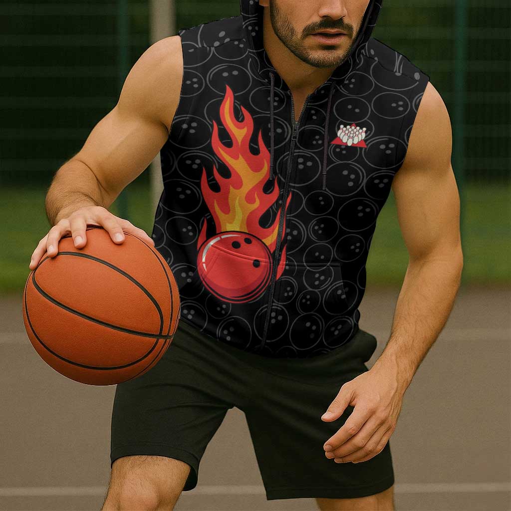 Flaming Bowling Ball Sleeveless Zip Hoodie with Strike Explosion and Funny Quote Graphic on Bowling - Wonder Print Shop