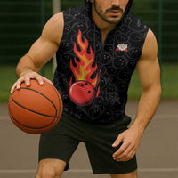 Flaming Bowling Ball Sleeveless Zip Hoodie with Strike Explosion and Funny Quote Graphic on Bowling - Wonder Print Shop
