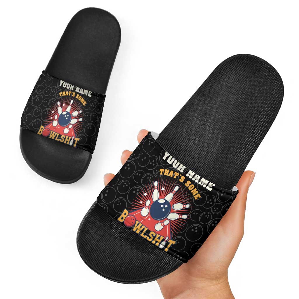 Flaming Bowling Ball Slide Sandals with Strike Explosion and Funny Quote Graphic on Bowling - Wonder Print Shop