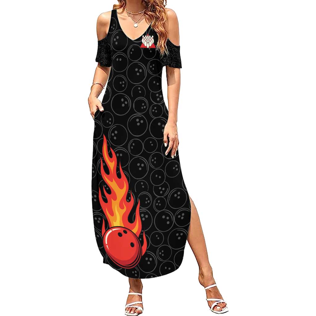 Flaming Bowling Ball Summer Maxi Dress with Strike Explosion and Funny Quote Graphic on Bowling - Wonder Print Shop