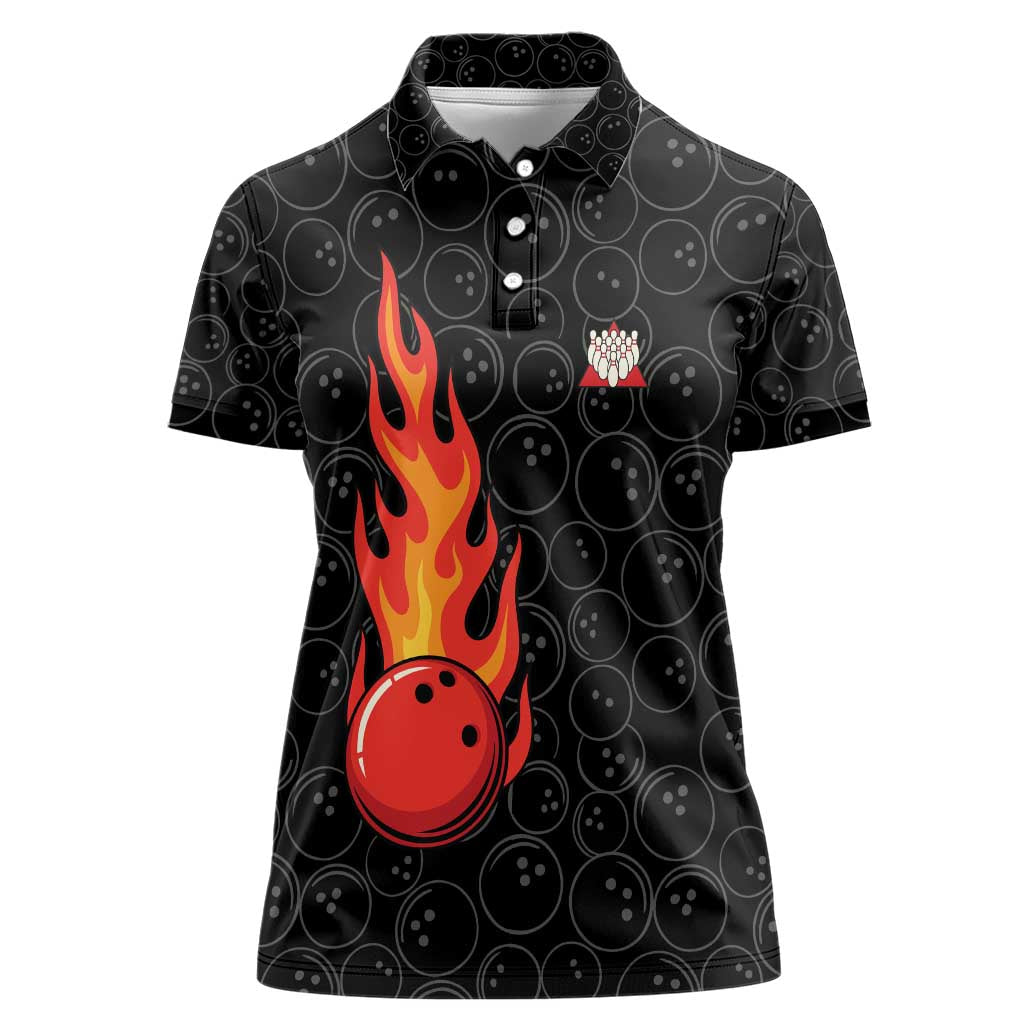 Flaming Bowling Ball Women Polo Shirt with Strike Explosion and Funny Quote Graphic on Bowling - Wonder Print Shop