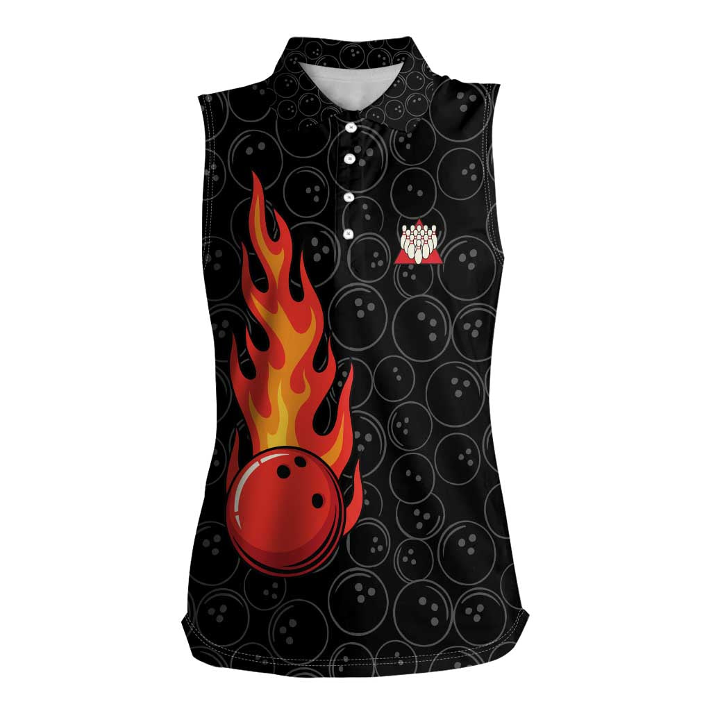 Flaming Bowling Ball Women Sleeveless Polo Shirt with Strike Explosion and Funny Quote Graphic on Bowling - Wonder Print Shop