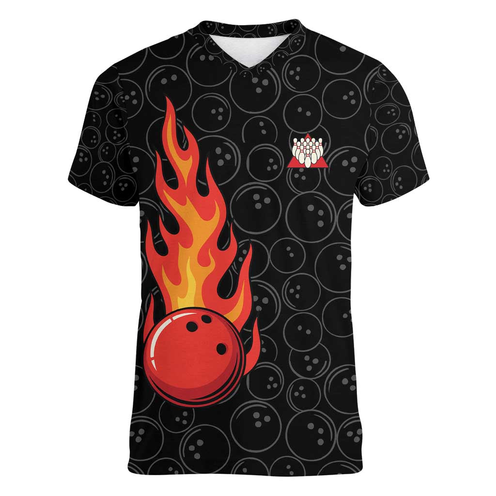 Flaming Bowling Ball Women V-Neck T-Shirt with Strike Explosion and Funny Quote Graphic on Bowling - Wonder Print Shop