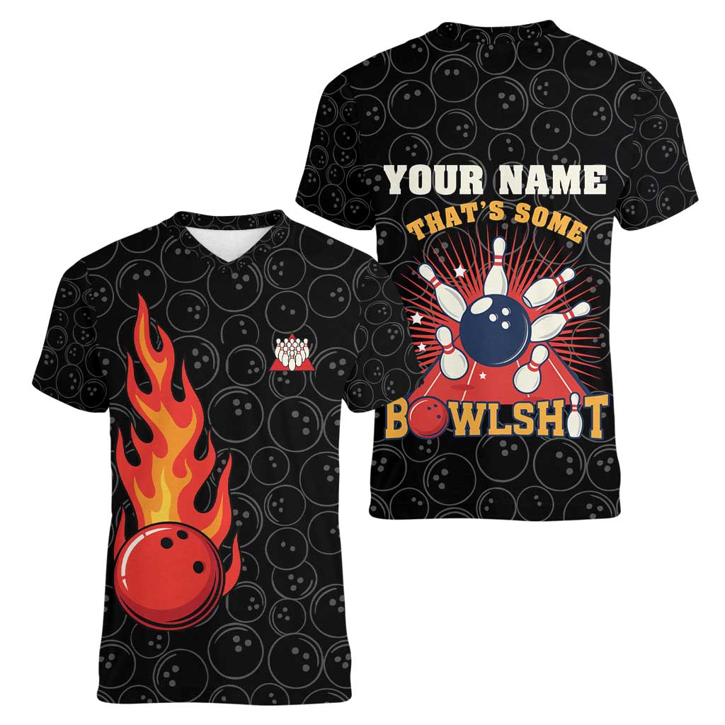 Flaming Bowling Ball Women V-Neck T-Shirt with Strike Explosion and Funny Quote Graphic on Bowling - Wonder Print Shop