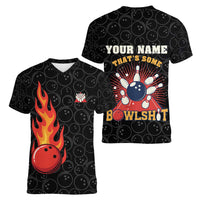 Flaming Bowling Ball Women V-Neck T-Shirt with Strike Explosion and Funny Quote Graphic on Bowling - Wonder Print Shop