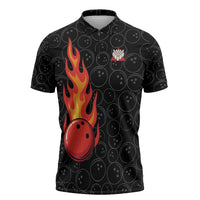 Flaming Bowling Ball Zipper Polo Shirt with Strike Explosion and Funny Quote Graphic on Bowling - Wonder Print Shop