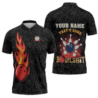 Flaming Bowling Ball Zipper Polo Shirt with Strike Explosion and Funny Quote Graphic on Bowling - Wonder Print Shop