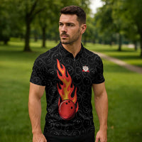 Flaming Bowling Ball Zipper Polo Shirt with Strike Explosion and Funny Quote Graphic on Bowling - Wonder Print Shop