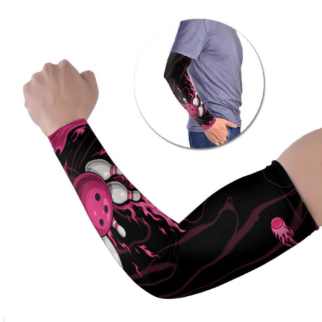 Pink Flaming Bowling Ball and Pins Arm Sleeves with Lightning Effect Graphic Design - Wonder Print Shop