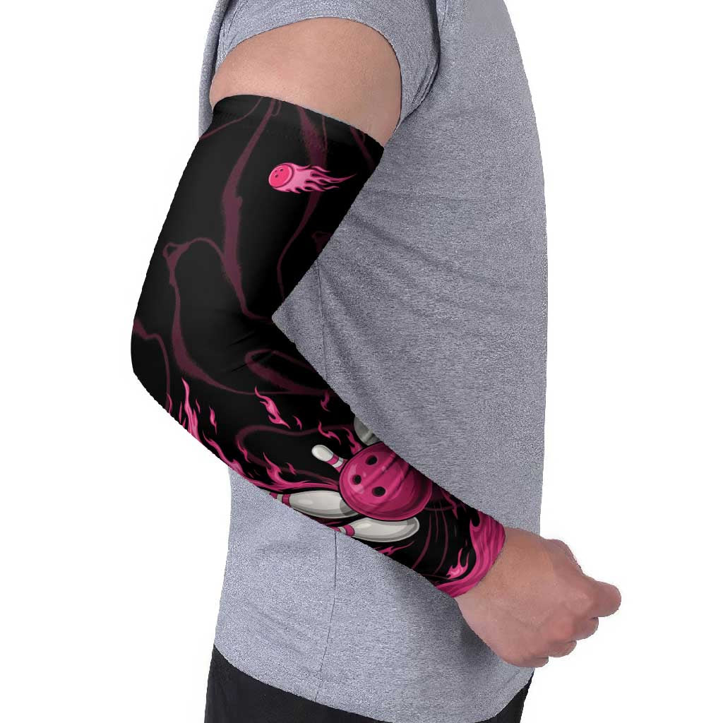 Pink Flaming Bowling Ball and Pins Arm Sleeves with Lightning Effect Graphic Design - Wonder Print Shop