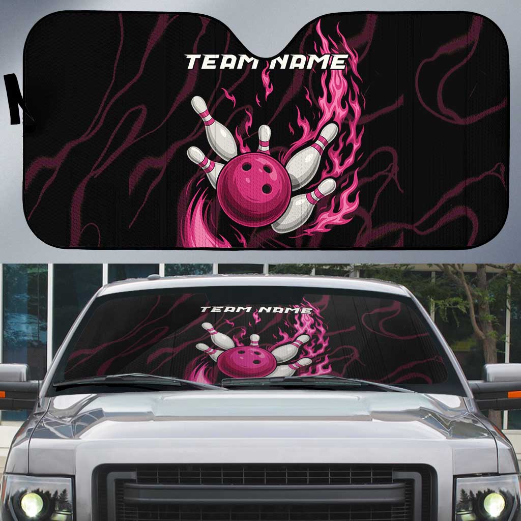 Pink Flaming Bowling Ball and Pins Auto Sun Shade with Lightning Effect Graphic Design - Wonder Print Shop