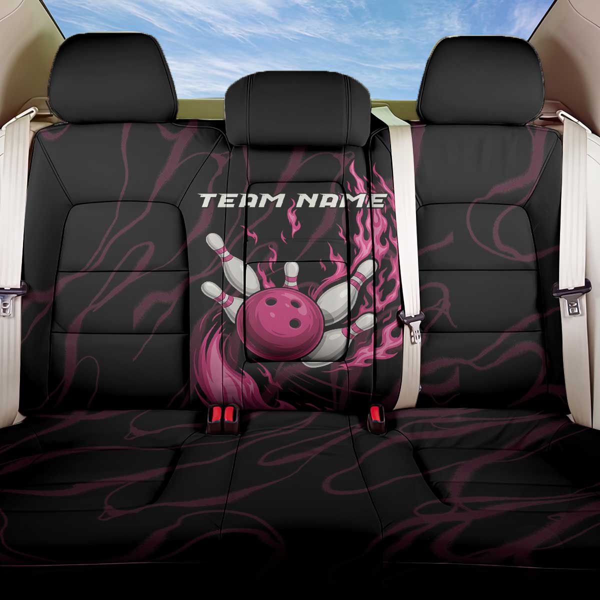 Pink Flaming Bowling Ball and Pins Back Car Seat Cover with Lightning Effect Graphic Design - Wonder Print Shop