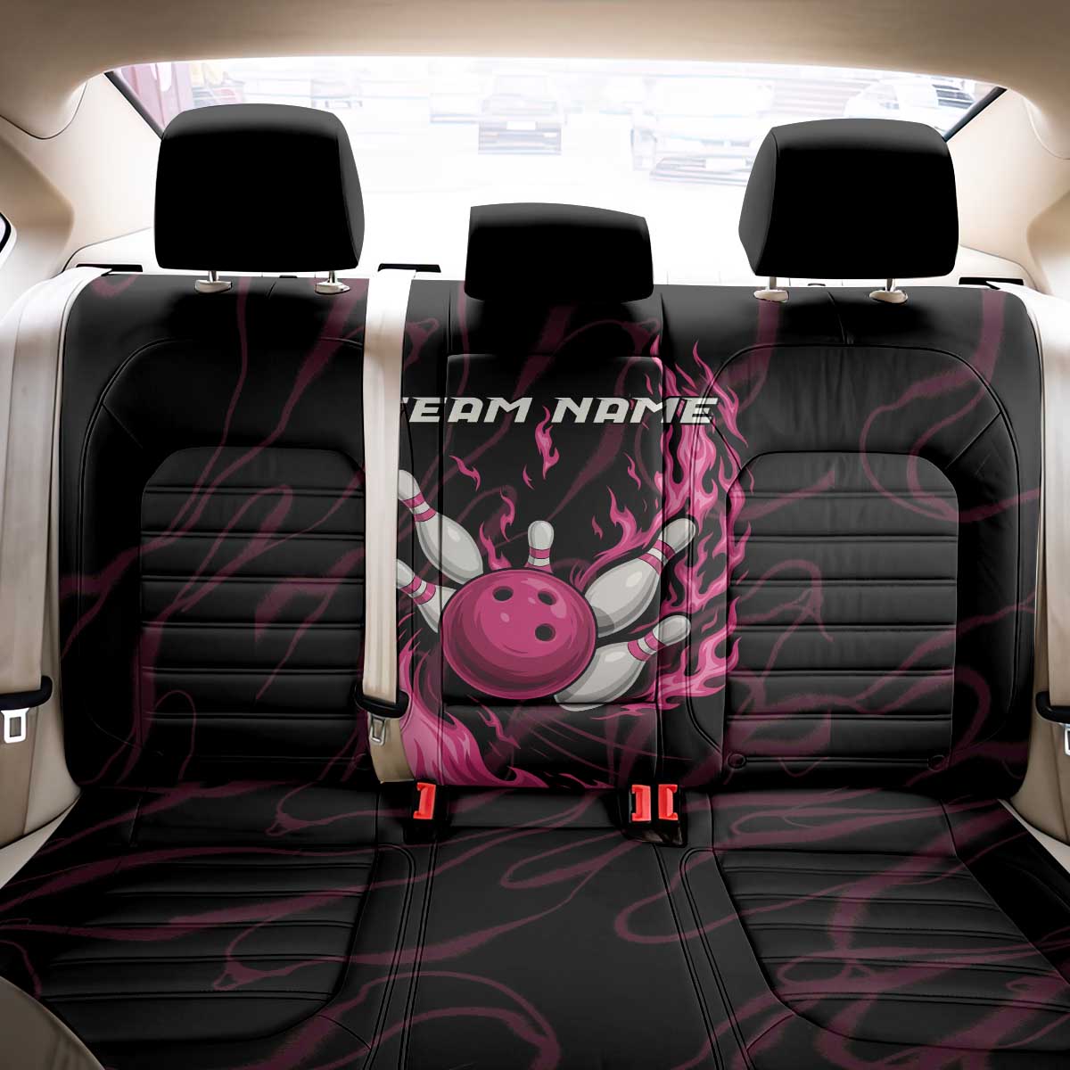 Pink Flaming Bowling Ball and Pins Back Car Seat Cover with Lightning Effect Graphic Design - Wonder Print Shop