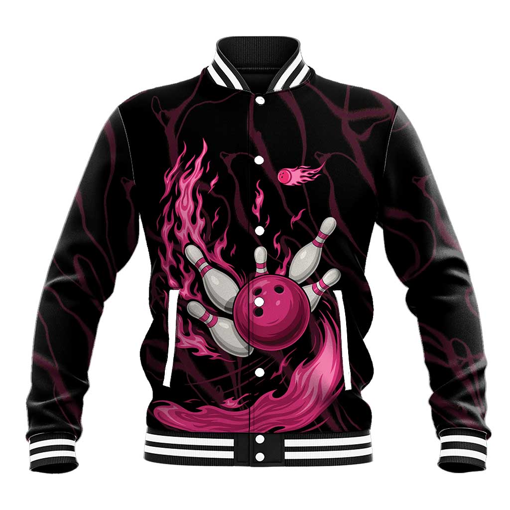 Pink Flaming Bowling Ball and Pins Baseball Jacket with Lightning Effect Graphic Design - Wonder Print Shop