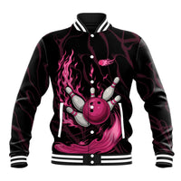 Pink Flaming Bowling Ball and Pins Baseball Jacket with Lightning Effect Graphic Design - Wonder Print Shop