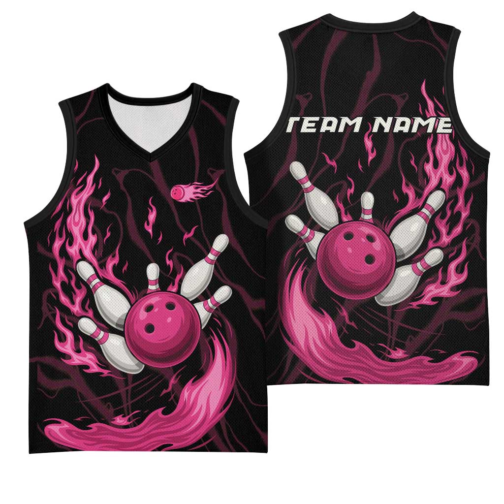 Pink Flaming Bowling Ball and Pins Basketball Jersey with Lightning Effect Graphic Design - Wonder Print Shop