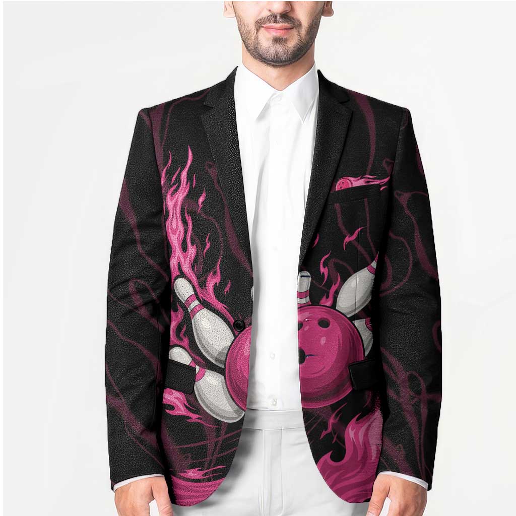 Pink Flaming Bowling Ball and Pins Blazer with Lightning Effect Graphic Design - Wonder Print Shop