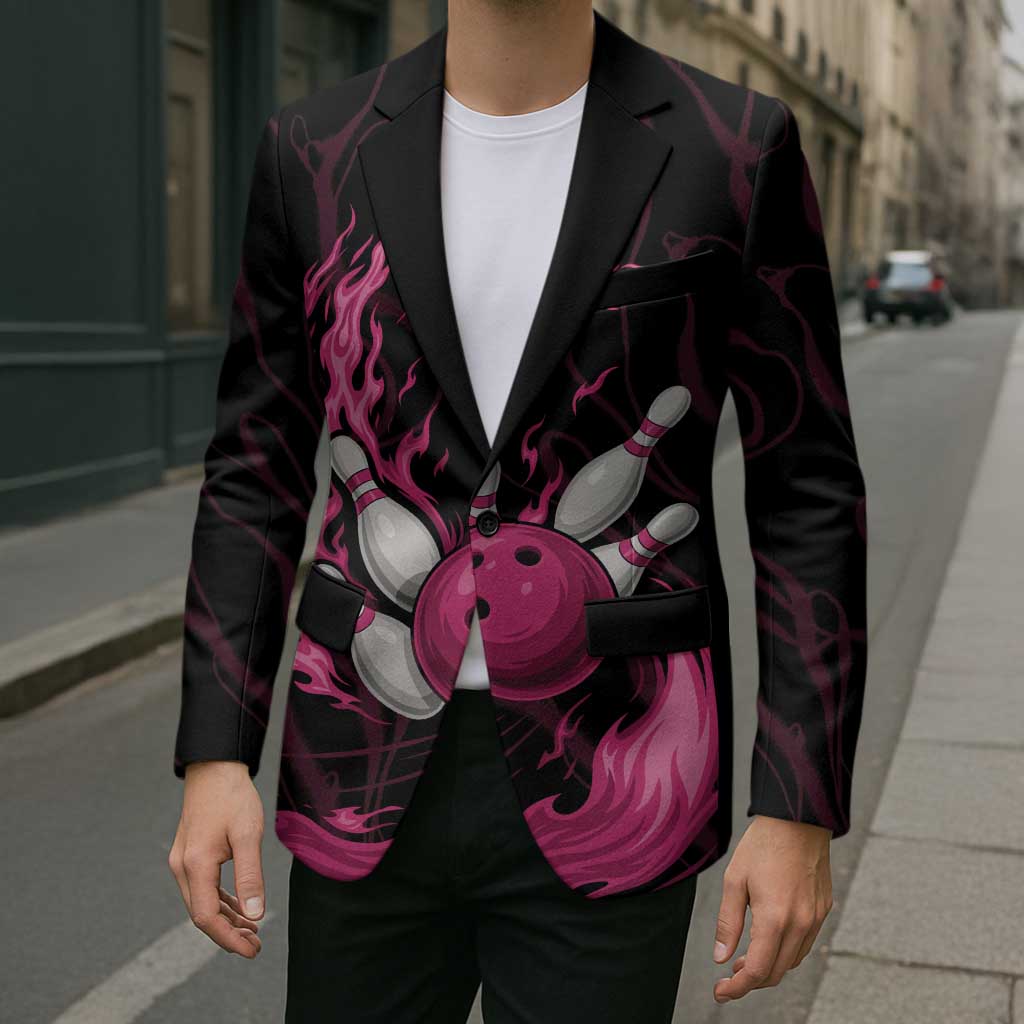 Pink Flaming Bowling Ball and Pins Blazer with Lightning Effect Graphic Design - Wonder Print Shop