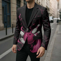 Pink Flaming Bowling Ball and Pins Blazer with Lightning Effect Graphic Design - Wonder Print Shop