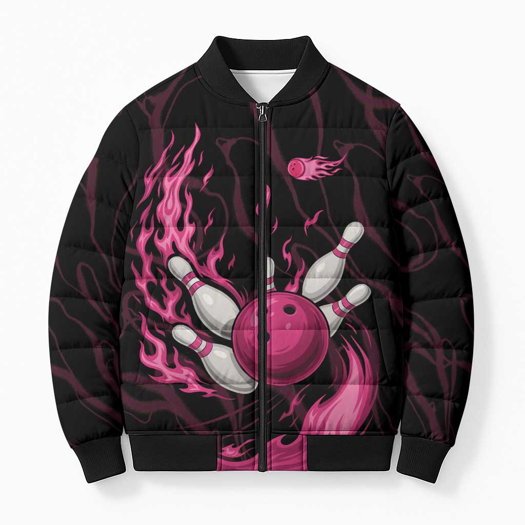 Pink Flaming Bowling Ball and Pins Bomber Puffer Jacket with Lightning Effect Graphic Design - Wonder Print Shop