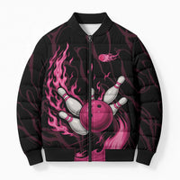 Pink Flaming Bowling Ball and Pins Bomber Puffer Jacket with Lightning Effect Graphic Design - Wonder Print Shop