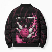 Pink Flaming Bowling Ball and Pins Bomber Puffer Jacket with Lightning Effect Graphic Design - Wonder Print Shop