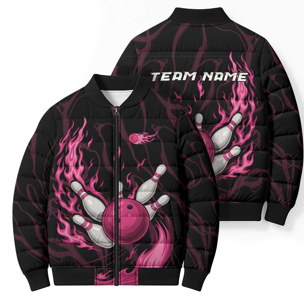 Pink Flaming Bowling Ball and Pins Bomber Puffer Jacket with Lightning Effect Graphic Design - Wonder Print Shop