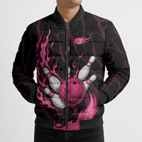 Pink Flaming Bowling Ball and Pins Bomber Puffer Jacket with Lightning Effect Graphic Design - Wonder Print Shop