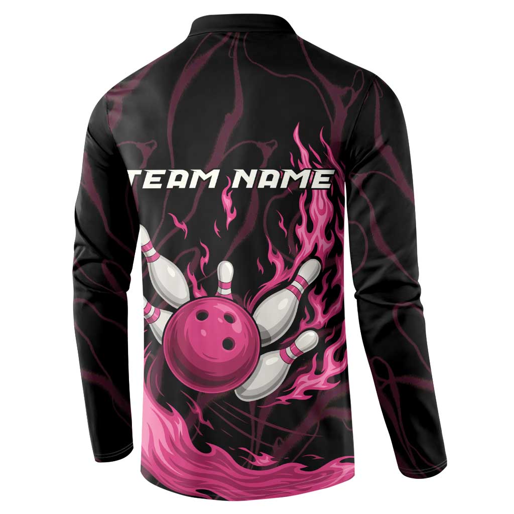 Pink Flaming Bowling Ball and Pins Button Sweatshirt with Lightning Effect Graphic Design - Wonder Print Shop