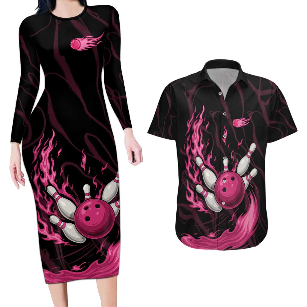 Pink Flaming Bowling Ball and Pins Couples Matching Long Sleeve Bodycon Dress and Hawaiian Shirt with Lightning Effect Graphic Design - Wonder Print Shop