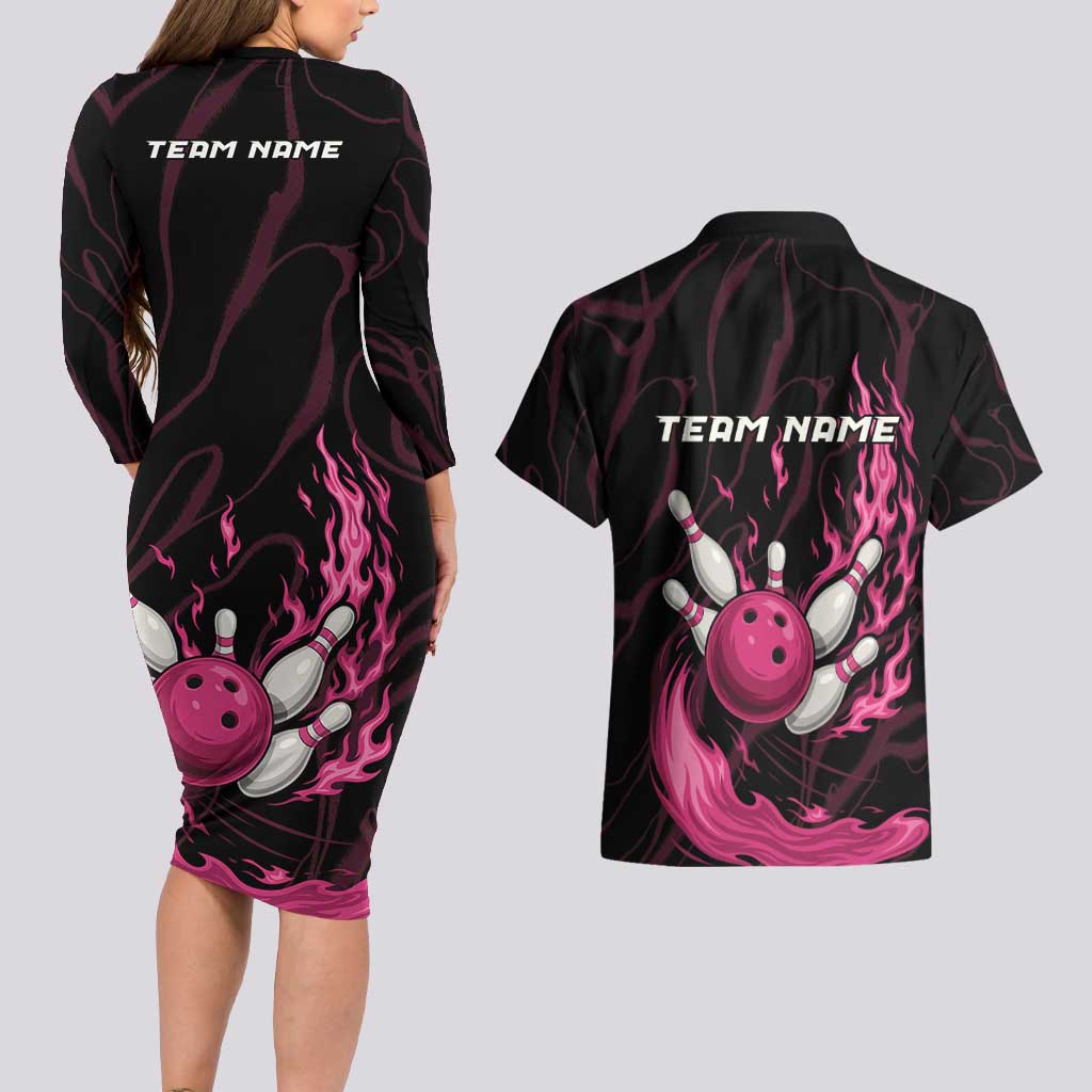 Pink Flaming Bowling Ball and Pins Couples Matching Long Sleeve Bodycon Dress and Hawaiian Shirt with Lightning Effect Graphic Design - Wonder Print Shop
