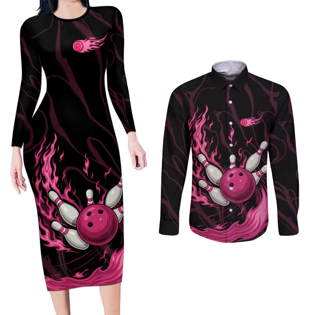 Pink Flaming Bowling Ball and Pins Couples Matching Long Sleeve Bodycon Dress and Long Sleeve Button Shirt with Lightning Effect Graphic Design - Wonder Print Shop