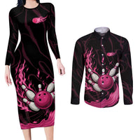 Pink Flaming Bowling Ball and Pins Couples Matching Long Sleeve Bodycon Dress and Long Sleeve Button Shirt with Lightning Effect Graphic Design - Wonder Print Shop