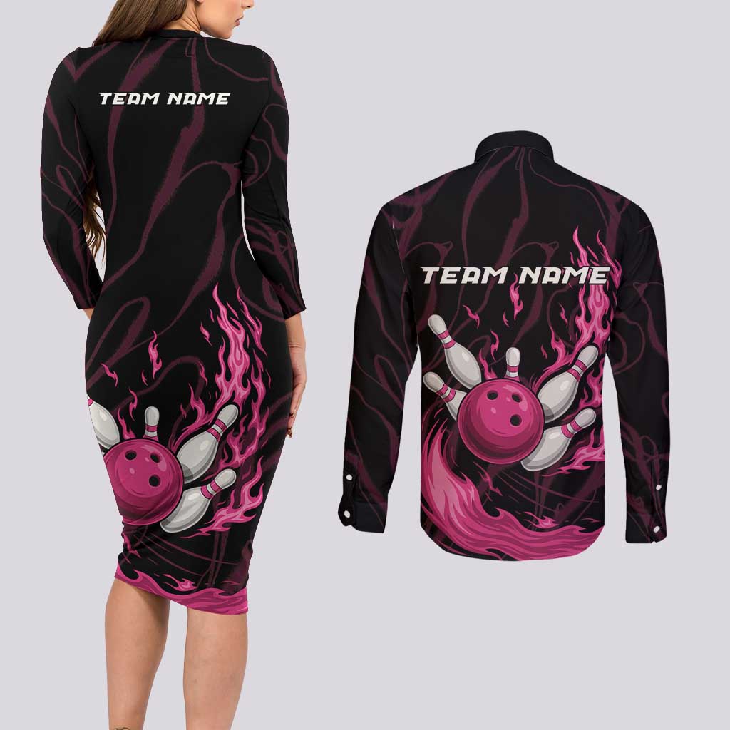 Pink Flaming Bowling Ball and Pins Couples Matching Long Sleeve Bodycon Dress and Long Sleeve Button Shirt with Lightning Effect Graphic Design - Wonder Print Shop