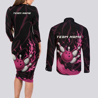Pink Flaming Bowling Ball and Pins Couples Matching Long Sleeve Bodycon Dress and Long Sleeve Button Shirt with Lightning Effect Graphic Design - Wonder Print Shop