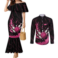Pink Flaming Bowling Ball and Pins Couples Matching Mermaid Dress and Long Sleeve Button Shirt with Lightning Effect Graphic Design - Wonder Print Shop