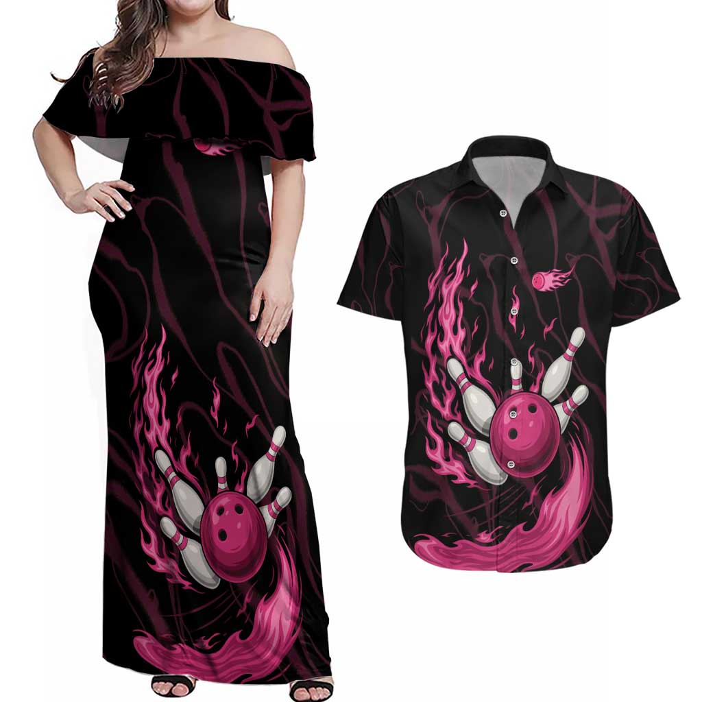 Pink Flaming Bowling Ball and Pins Couples Matching Off Shoulder Maxi Dress and Hawaiian Shirt with Lightning Effect Graphic Design - Wonder Print Shop