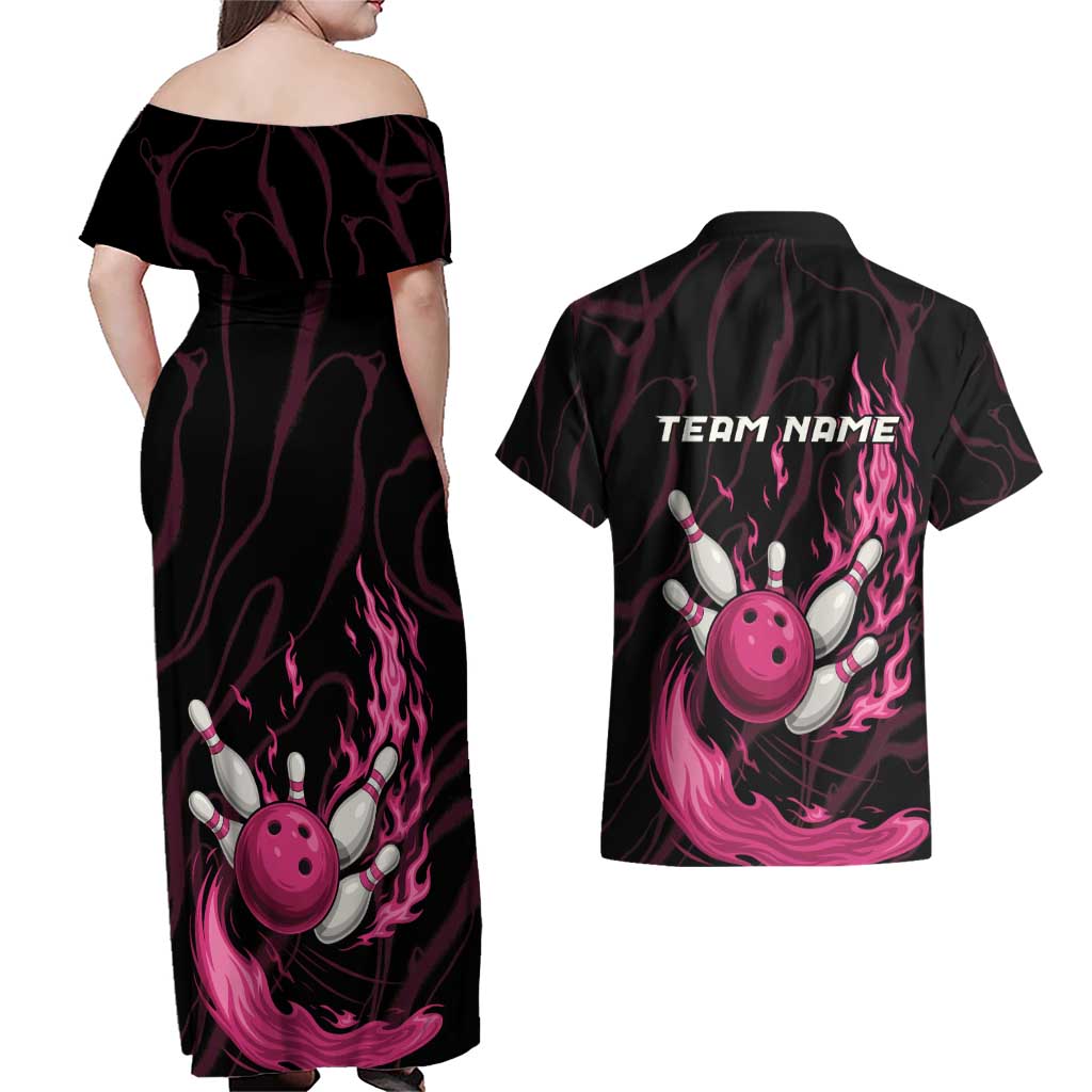 Pink Flaming Bowling Ball and Pins Couples Matching Off Shoulder Maxi Dress and Hawaiian Shirt with Lightning Effect Graphic Design - Wonder Print Shop