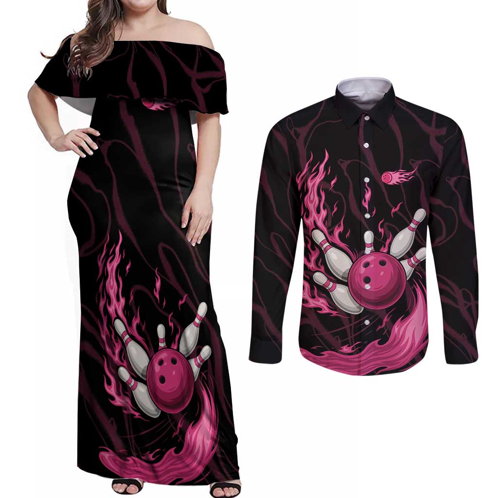 Pink Flaming Bowling Ball and Pins Couples Matching Off Shoulder Maxi Dress and Long Sleeve Button Shirt with Lightning Effect Graphic Design - Wonder Print Shop