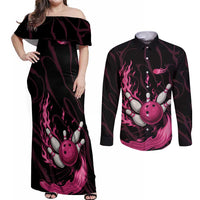 Pink Flaming Bowling Ball and Pins Couples Matching Off Shoulder Maxi Dress and Long Sleeve Button Shirt with Lightning Effect Graphic Design - Wonder Print Shop