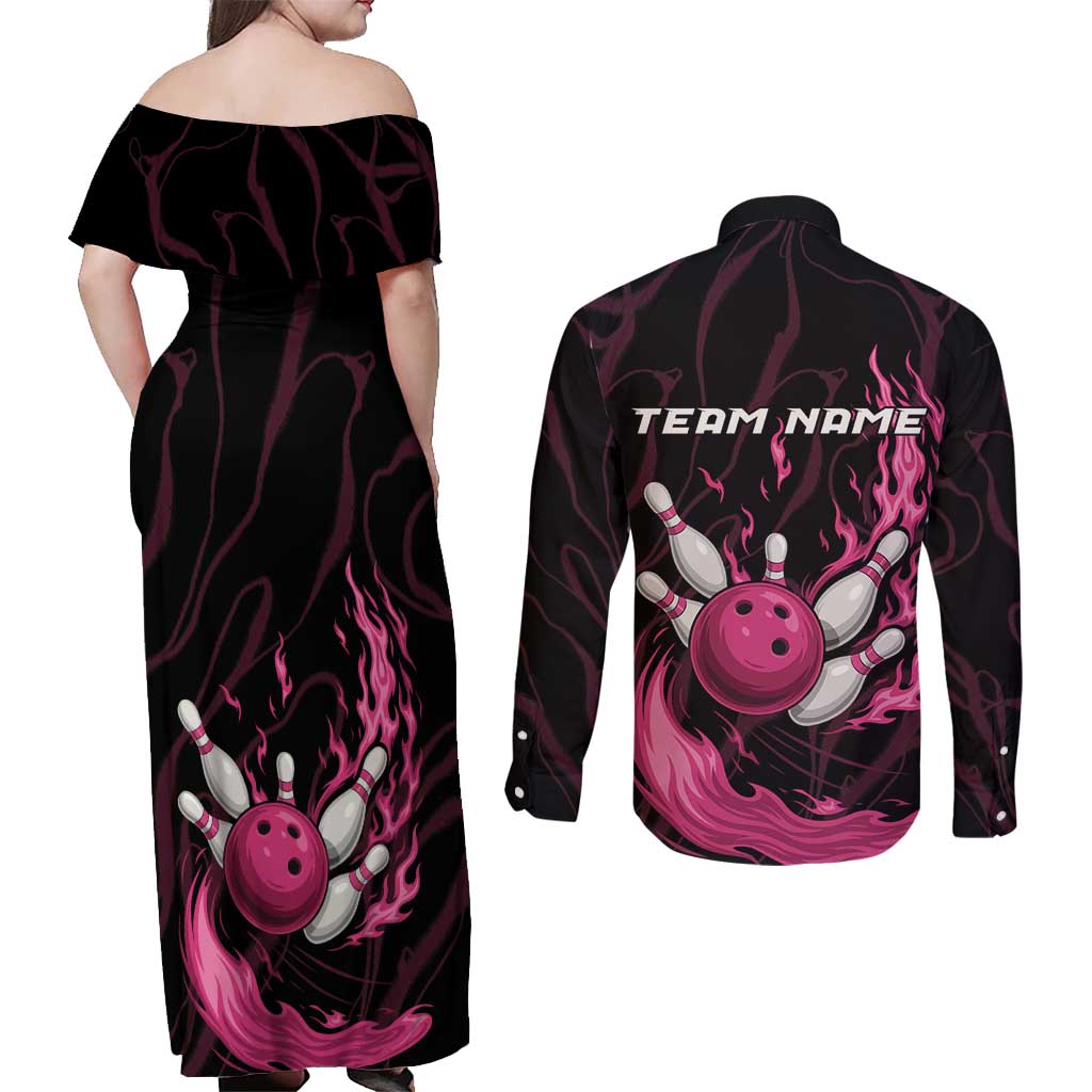 Pink Flaming Bowling Ball and Pins Couples Matching Off Shoulder Maxi Dress and Long Sleeve Button Shirt with Lightning Effect Graphic Design - Wonder Print Shop