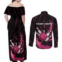 Pink Flaming Bowling Ball and Pins Couples Matching Off Shoulder Maxi Dress and Long Sleeve Button Shirt with Lightning Effect Graphic Design - Wonder Print Shop