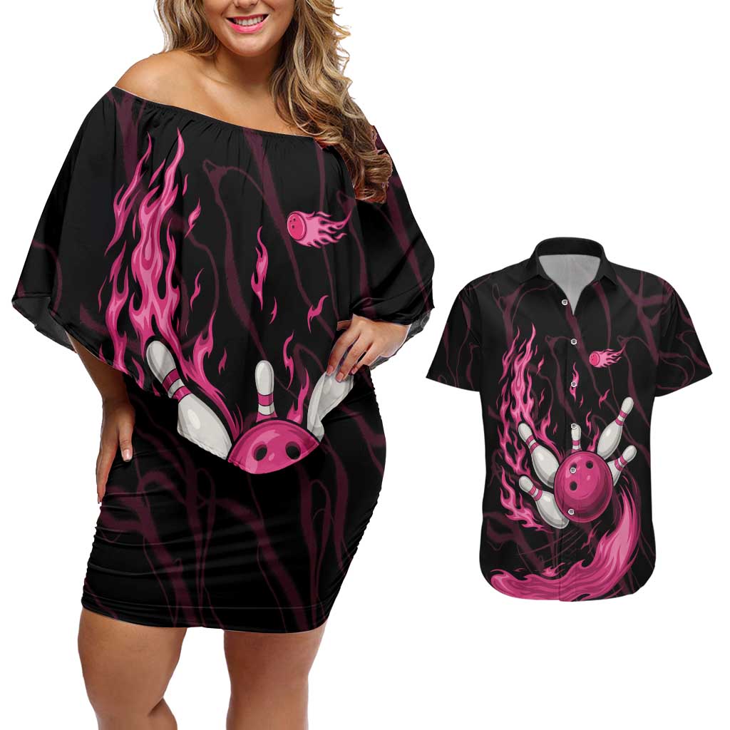 Pink Flaming Bowling Ball and Pins Couples Matching Off Shoulder Short Dress and Hawaiian Shirt with Lightning Effect Graphic Design - Wonder Print Shop