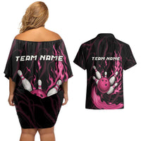 Pink Flaming Bowling Ball and Pins Couples Matching Off Shoulder Short Dress and Hawaiian Shirt with Lightning Effect Graphic Design - Wonder Print Shop