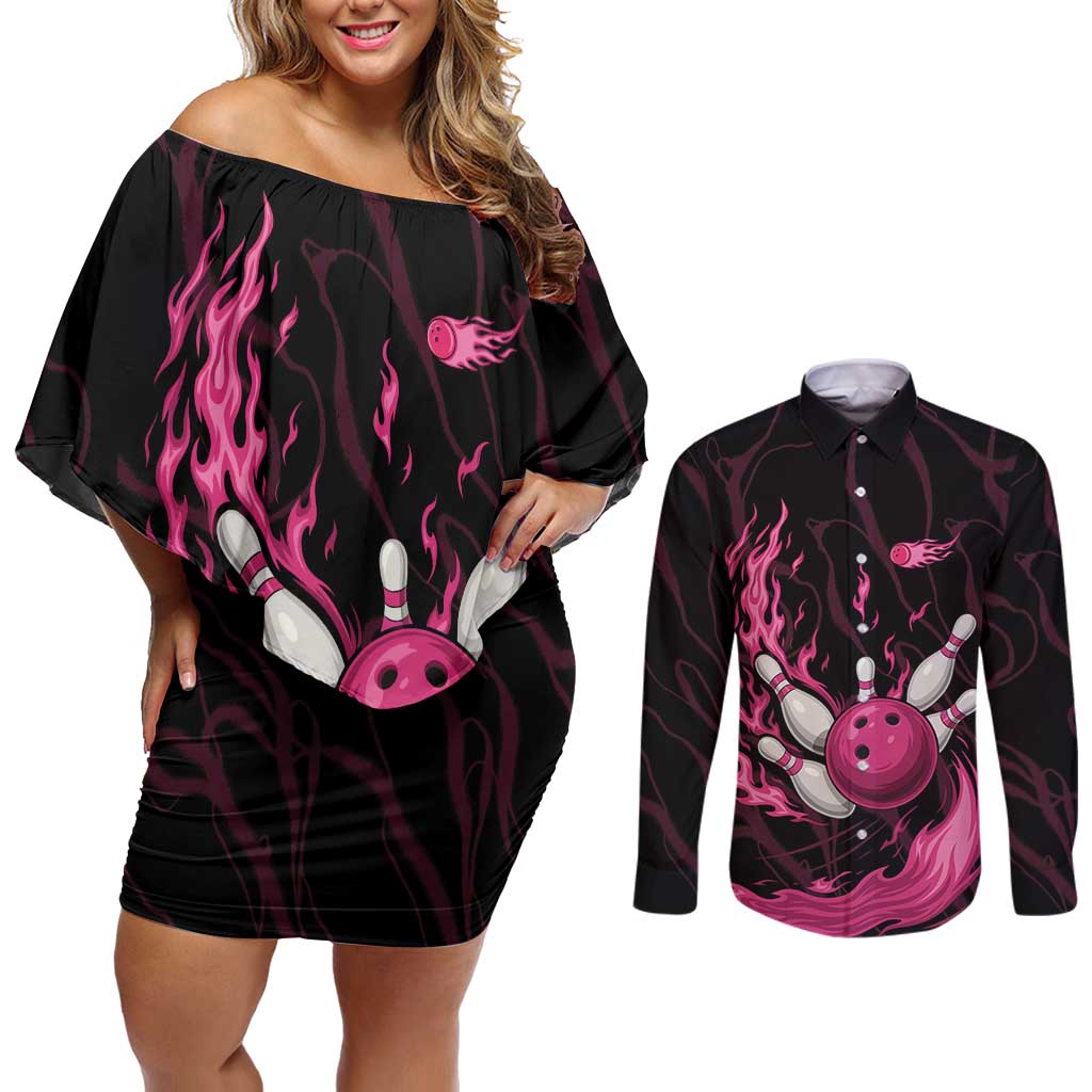 Pink Flaming Bowling Ball and Pins Couples Matching Off Shoulder Short Dress and Long Sleeve Button Shirt with Lightning Effect Graphic Design - Wonder Print Shop