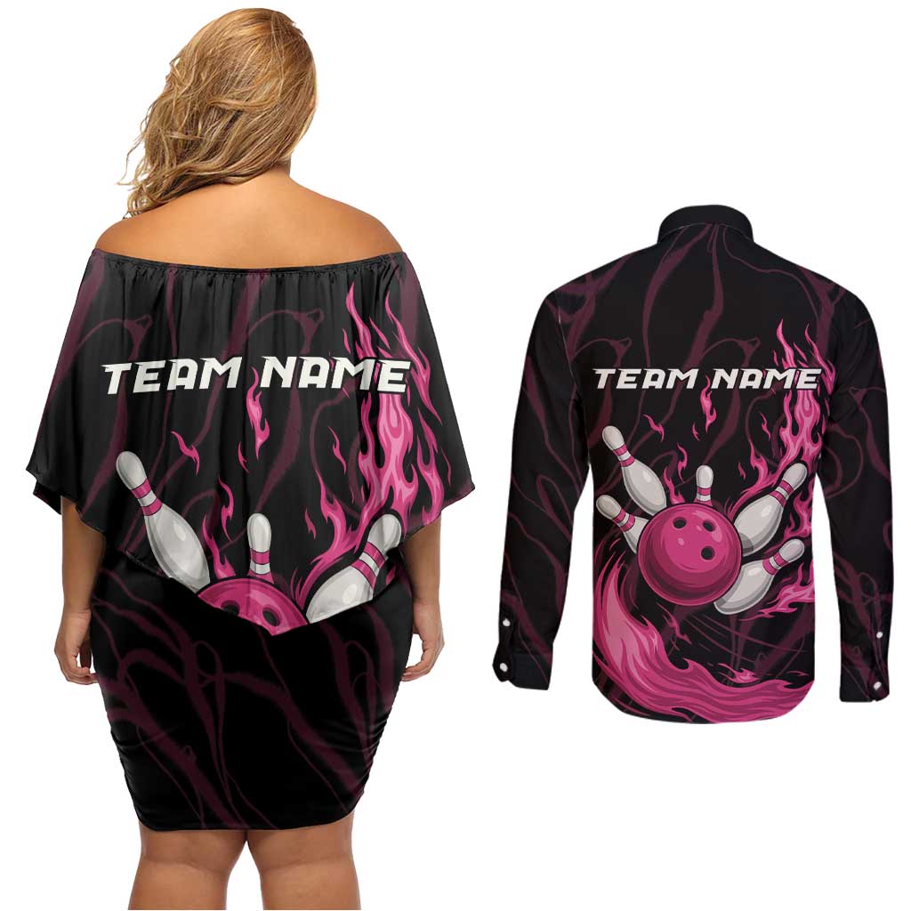 Pink Flaming Bowling Ball and Pins Couples Matching Off Shoulder Short Dress and Long Sleeve Button Shirt with Lightning Effect Graphic Design - Wonder Print Shop